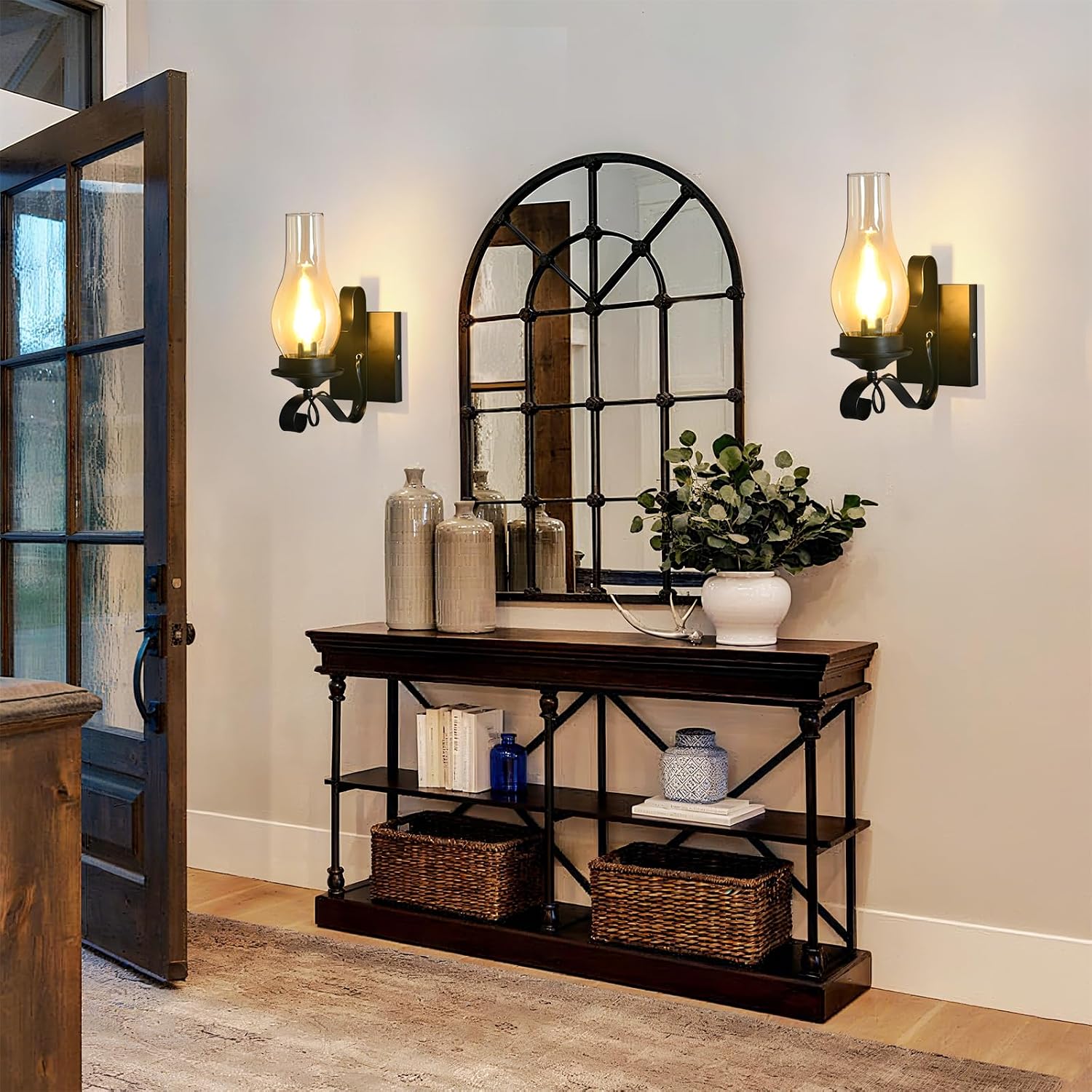 Rustic Wall Sconces, Black Farmhouse Industrial Wall Sconce with Amber Glass, Vintage Retro Wall Lamps, Indoor Wall Lighting Lantern for Bedroom Living Room Bathroom (4 Pack Hardwired)