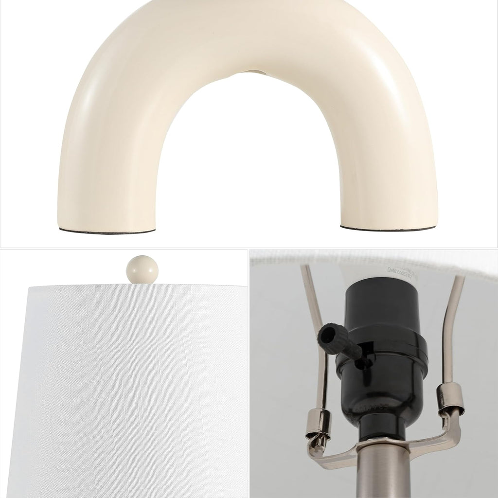 JONATHAN Y 17.75' Almond Modern Ceramic Arch Table Lamp Set of 2 for Bedroom, Scandinavian Minimalist Bedside Lamps with White Linen Shade, LED Bulbs Included JYL5503A-SET2