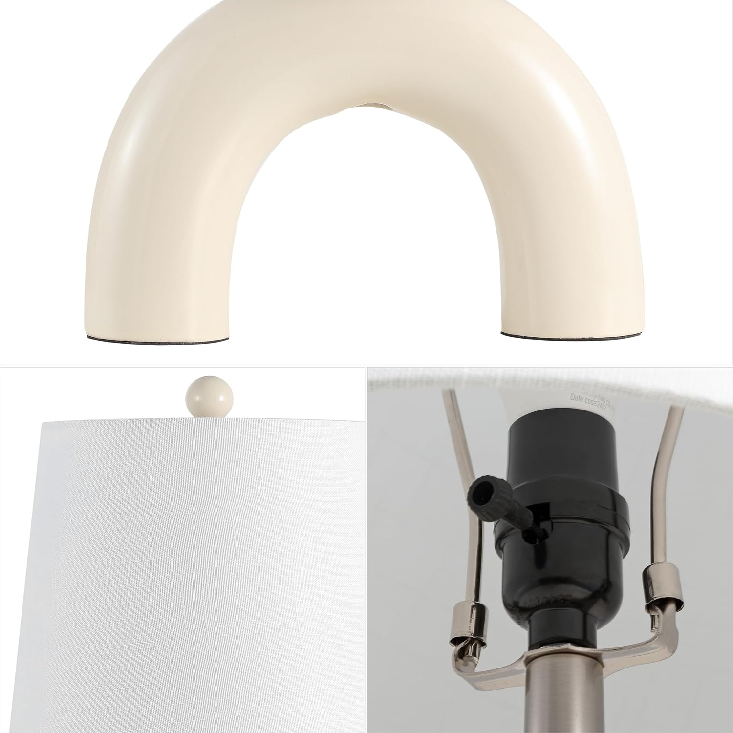 JONATHAN Y 17.75' Almond Modern Ceramic Arch Table Lamp Set of 2 for Bedroom, Scandinavian Minimalist Bedside Lamps with White Linen Shade, LED Bulbs Included JYL5503A-SET2