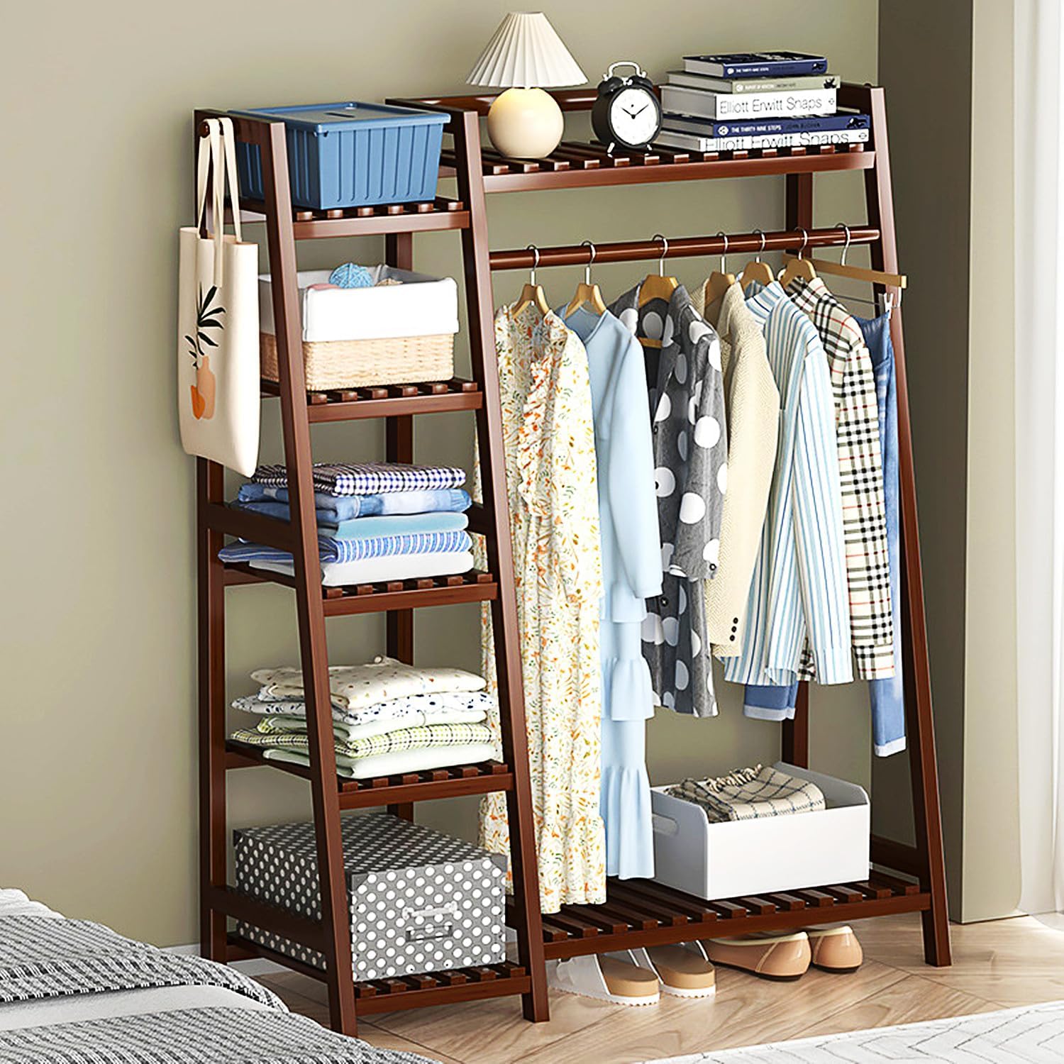 Bamboo Clothing Racks Portable Garment Rack for Hanging Clothes, Freestanding Clothes Rack with Storage Shelf, Closet System Coat Racks for Entryway Bedroom Living Room,Brown(80cm)