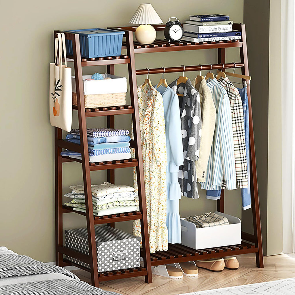 Bamboo Clothing Racks Portable Garment Rack for Hanging Clothes, Freestanding Clothes Rack with Storage Shelf, Closet System Coat Rack for Entryway Bedroom Living Room,Brown,110cm