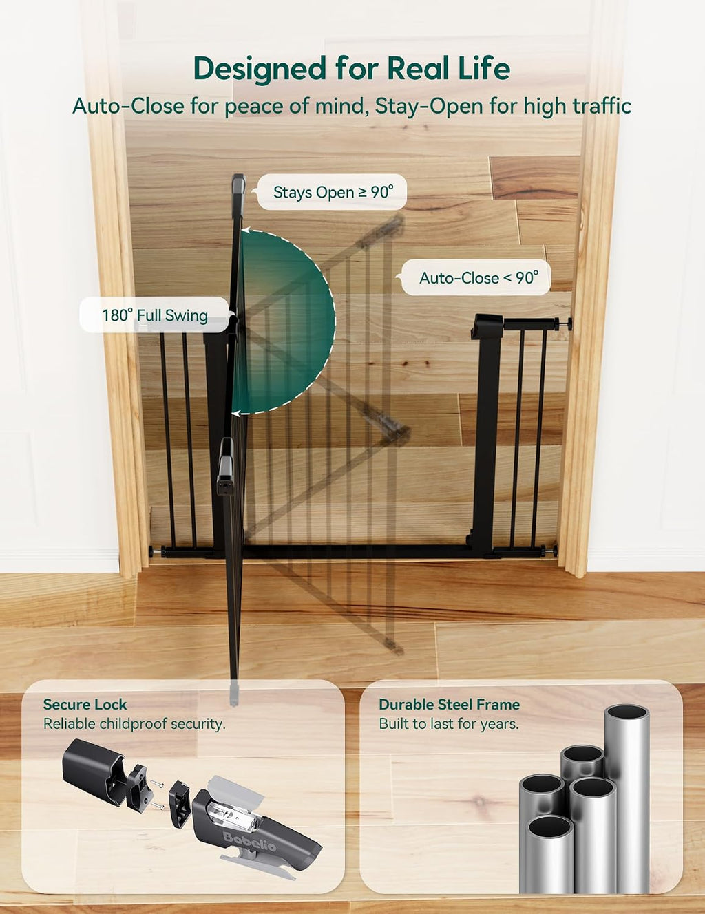 Babelio Baby Gate for Doorways and Stairs, 29-48' Auto Close Dog Gate PressGuard P7, Easy-Install Pressure Mounted Satey Door, No Drilling Safety Gate for Child and Pets, 2 Pack, Black