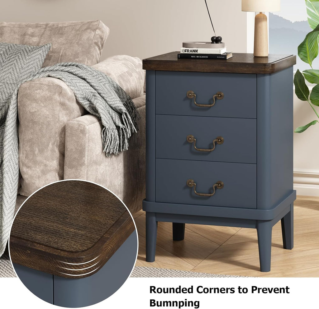 Wnutrees Farmhouse Nightstand with 3 Drawers，Modern Bedside Table with Round Curved Corner and Metal Handles, Wood End Side Table for Living Room, Hallway, Blue Set of 2
