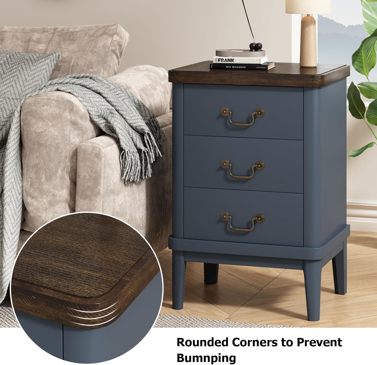 Wnutrees Farmhouse Nightstand with 3 Drawers，Modern Bedside Table with Round Curved Corner and Metal Handles, Wood End Side Table for Living Room, Hallway, Blue Set of 2