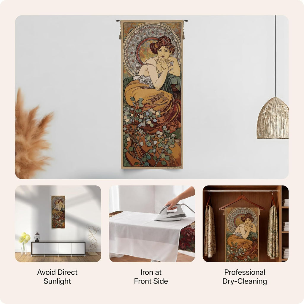 Charlotte Home Furnishings Inc - Mucha Topaze Stone Belgian Premium Tapestry Wall Hanging | 44x18 in Viscose Polyester Blend Boho Vintage Woven Wall Tapestry for Home & Wall Art by Alphonse Mucha