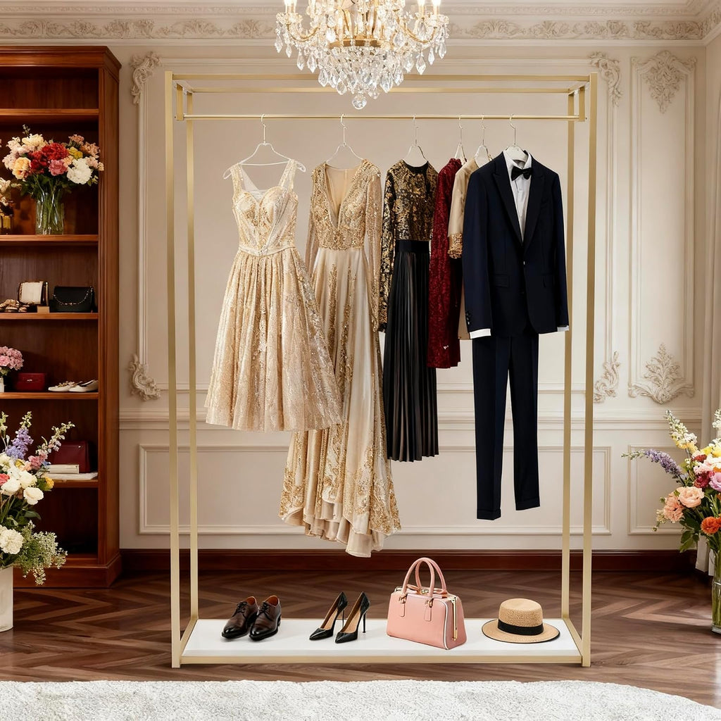Retail Display Gold Clothing Racks with Shelves, Boutiques Garment Rack Wedding Dress Rack Heavy Duty Commercial Floor Standing for Clothing Store Studio,67 inch