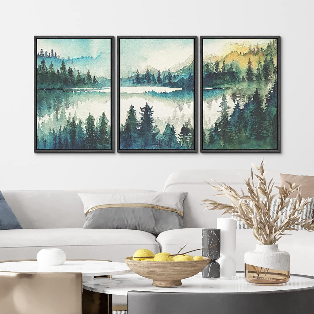 MUDECOR Framed Canvas Print Wall Art Set Watercolor Teal Emerald Green Mountain Range Forest Nature Wilderness Illustrations Modern Art Floral Cozy for Living Room, Bedroom, Office - 24'x36'x3 Black