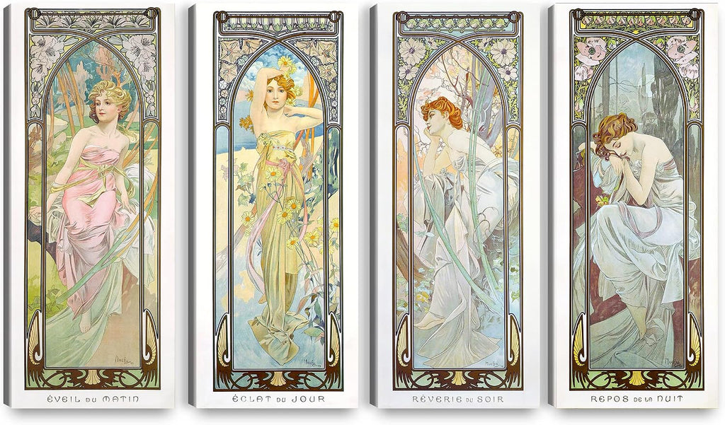 A&T ARTWORK The Times of the Day by Alphonse Mucha 4 Panel wall Art for Home Decorations Giclee Canvas Print 30x12inch x4pcs(30x48inch)