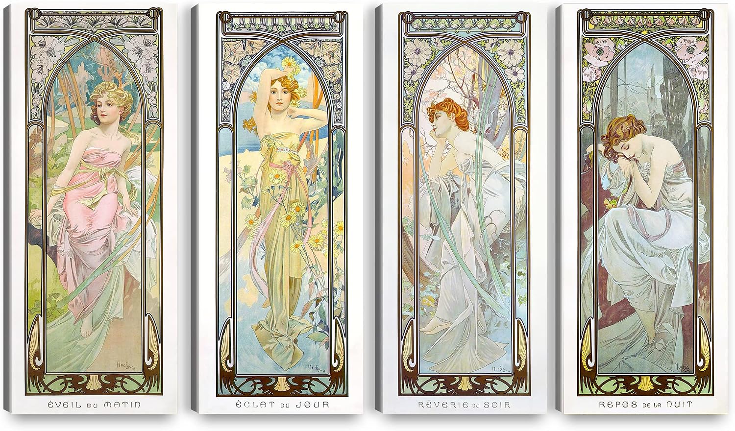A&T ARTWORK The Times of the Day by Alphonse Mucha 4 Panel wall Art for Home Decorations Giclee Canvas Print 30x12inch x4pcs(30x48inch)