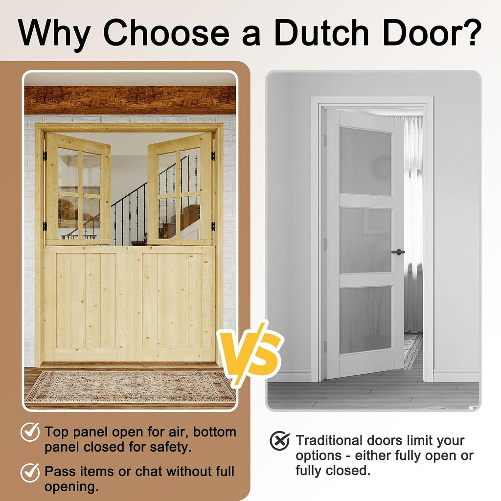 Interior & Exterior Double Dutch Door Slab, 60' x 80', Universal 4 Lite Tempered Clear Glass Split Single Door, Solid Core Home Door, Natural Pine Wood - with 4 Hinges & 1 Latch, Without Jamb