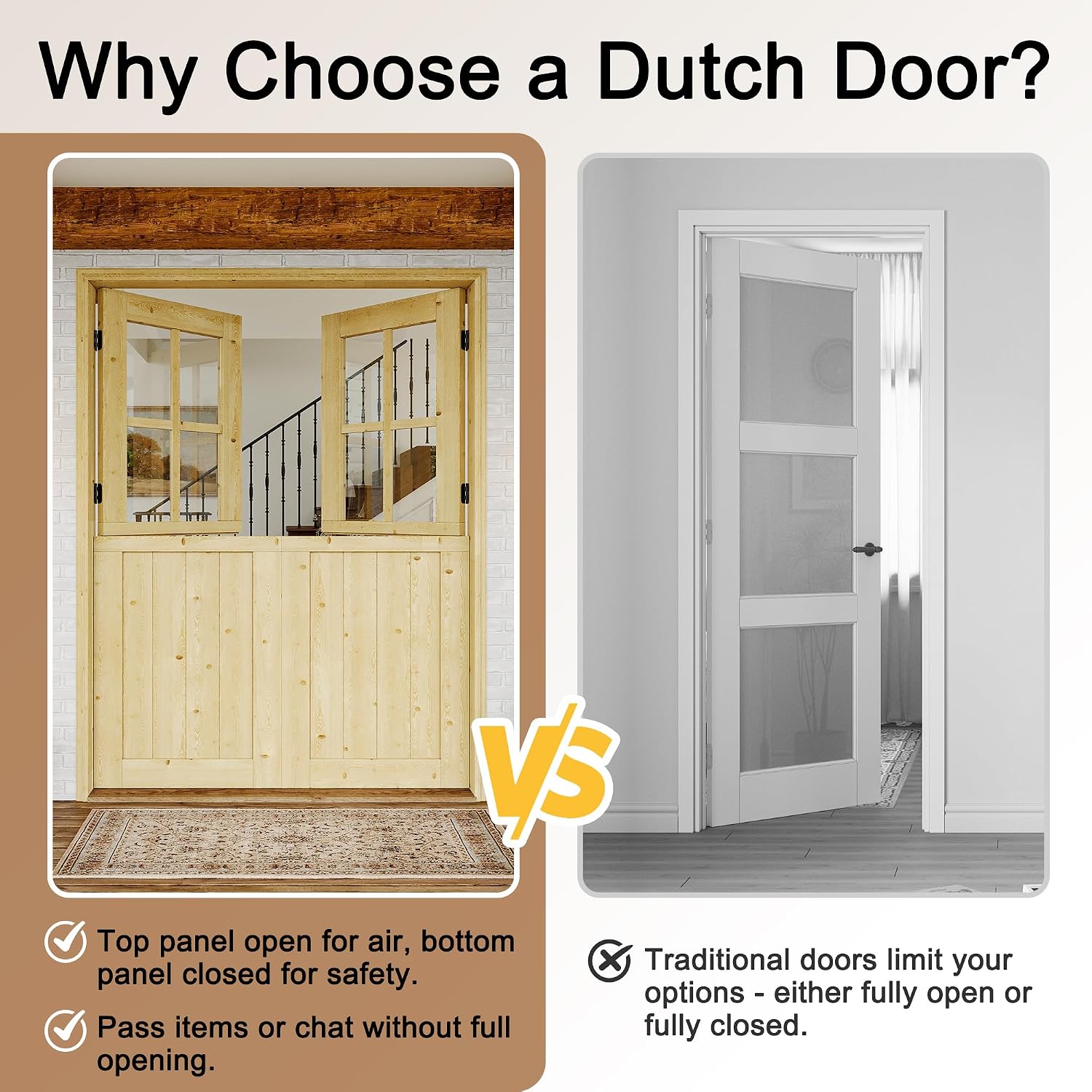Interior & Exterior Double Dutch Door Slab, 60' x 80', Universal 4 Lite Tempered Clear Glass Split Single Door, Solid Core Home Door, Natural Pine Wood - with 4 Hinges & 1 Latch, Without Jamb