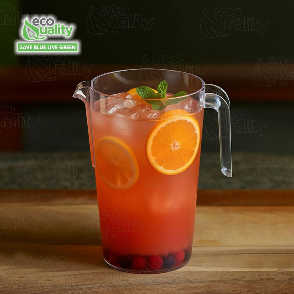 [100 PACK] 50 oz Crystal Clear Plastic Beverage Pitcher - Break Resistant Beverage Carafe - Great for Restaurants and Catering Bulk - Serveware for Water, Cold Drinks, Beer, Lemonade, Sangria (50oz)