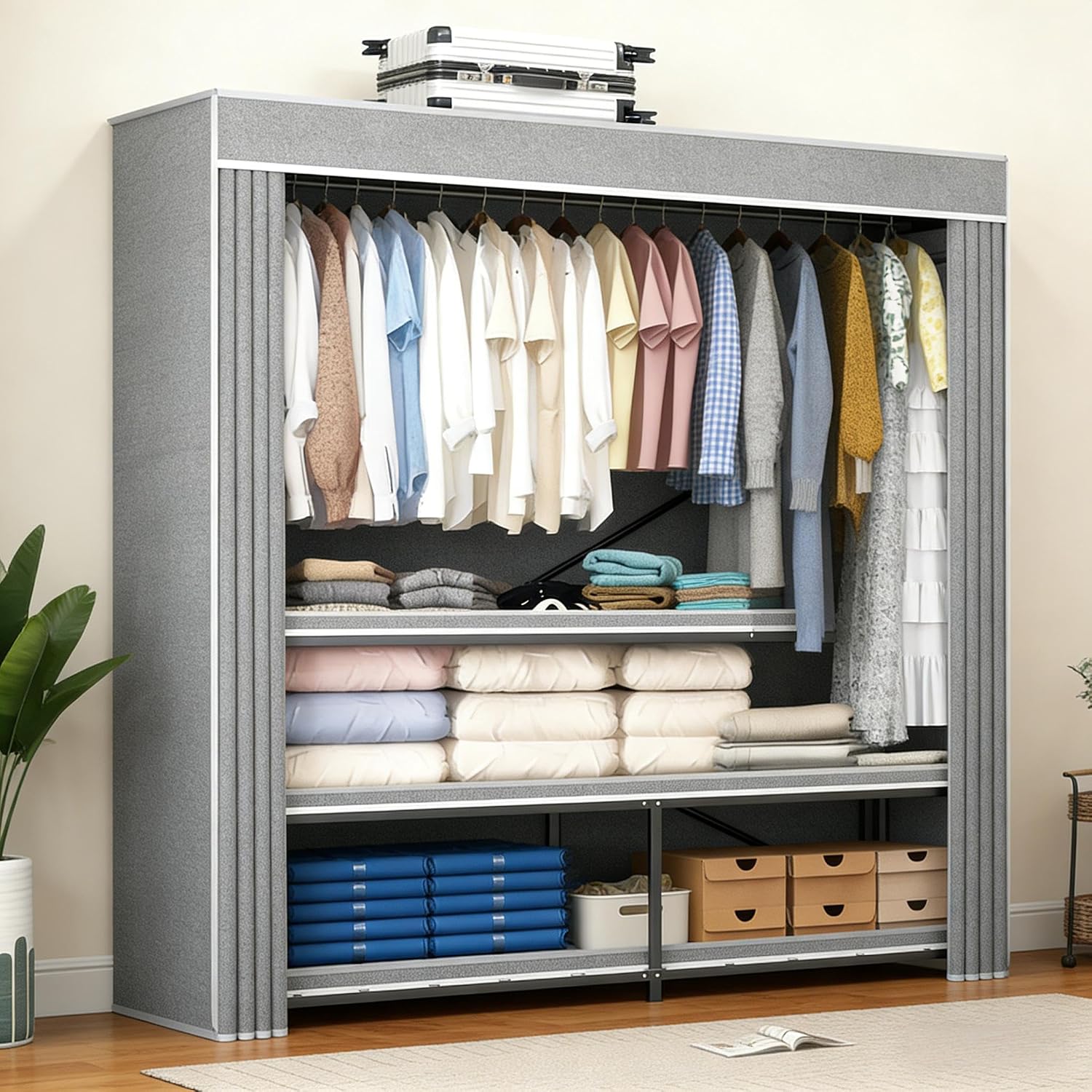 Heavy Duty Foldable Portable Wardrobe with Cover, Black Gray, 59.1' L x 70.9' H x 20.5' W, Freestanding Storage Clothes Rack for Bedroom