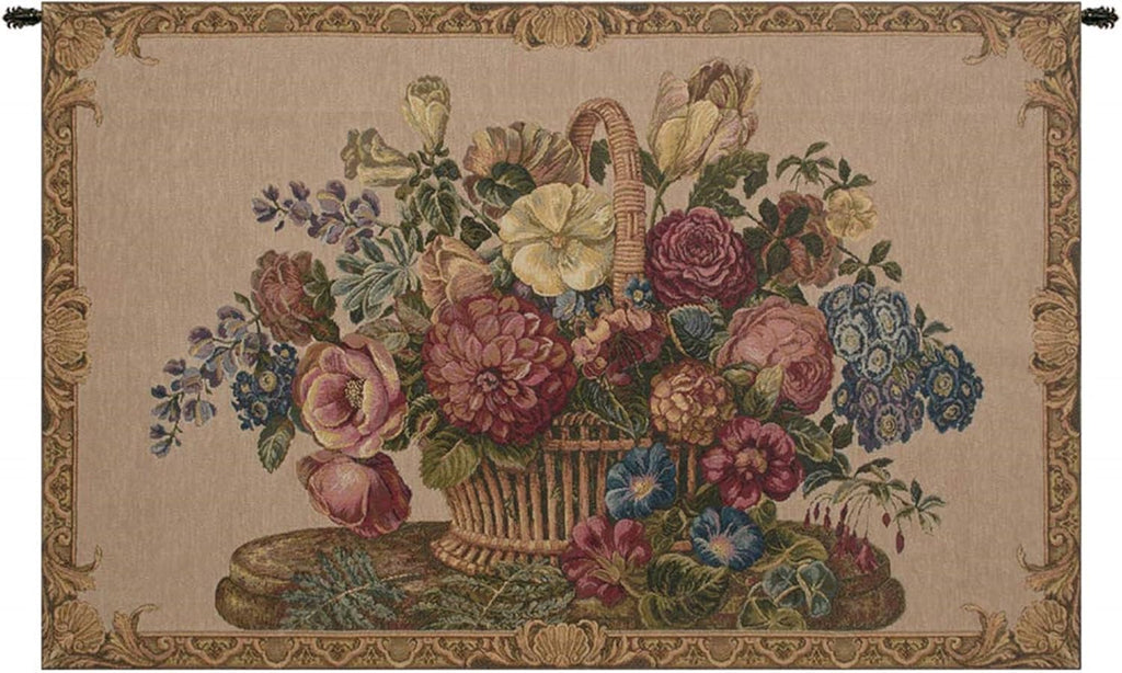 Charlotte Home Furnishings Inc. Flower Basket With Cream Chenille Italian Tapestry Wall Hanging 24 X 42 Inch Viscose Cotton & Polyester Blend Wall Art Perfect for Home & Wall Decor By Alberto Passini