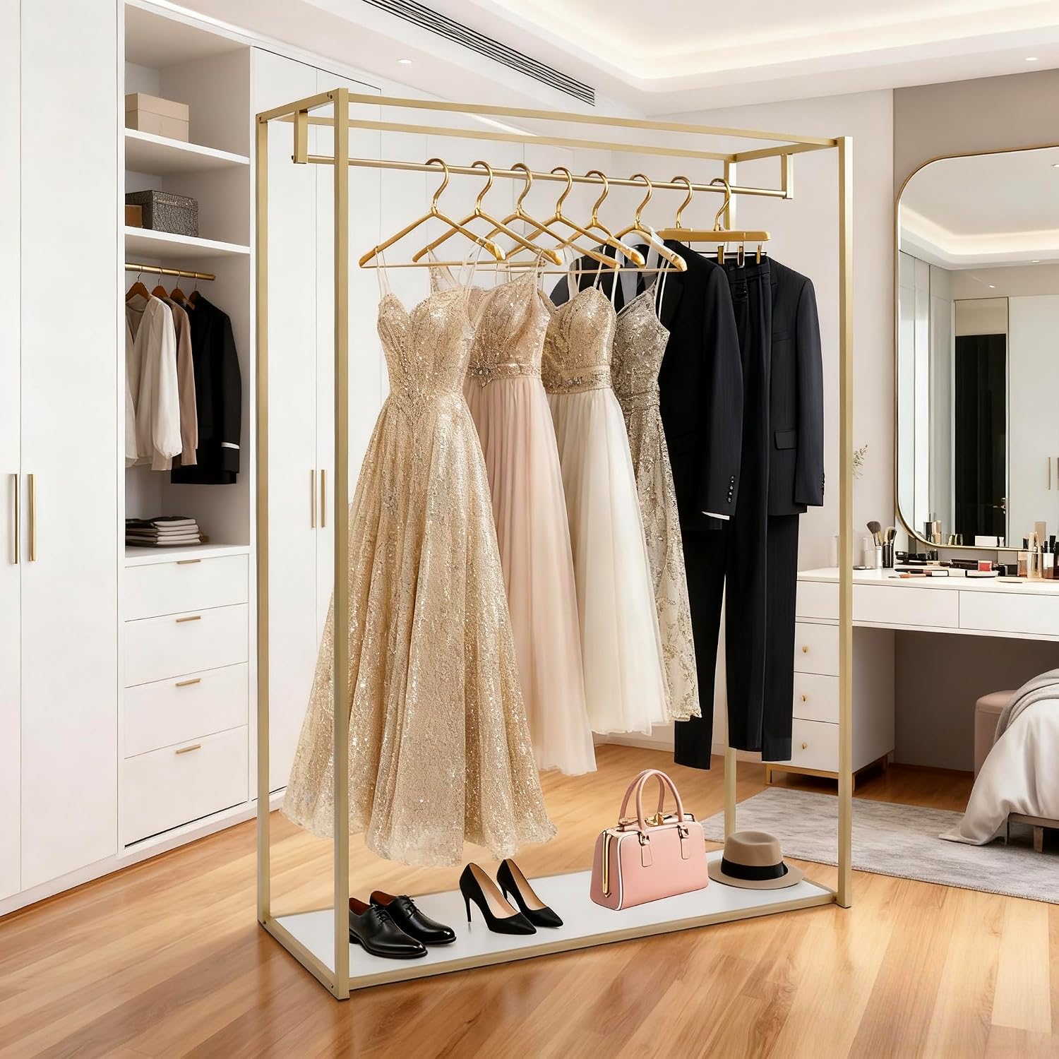 Retail Display Gold Clothing Racks with Shelves, Boutiques Garment Rack Wedding Dress Rack Heavy Duty Commercial Floor Standing for Clothing Store Studio,67 inch