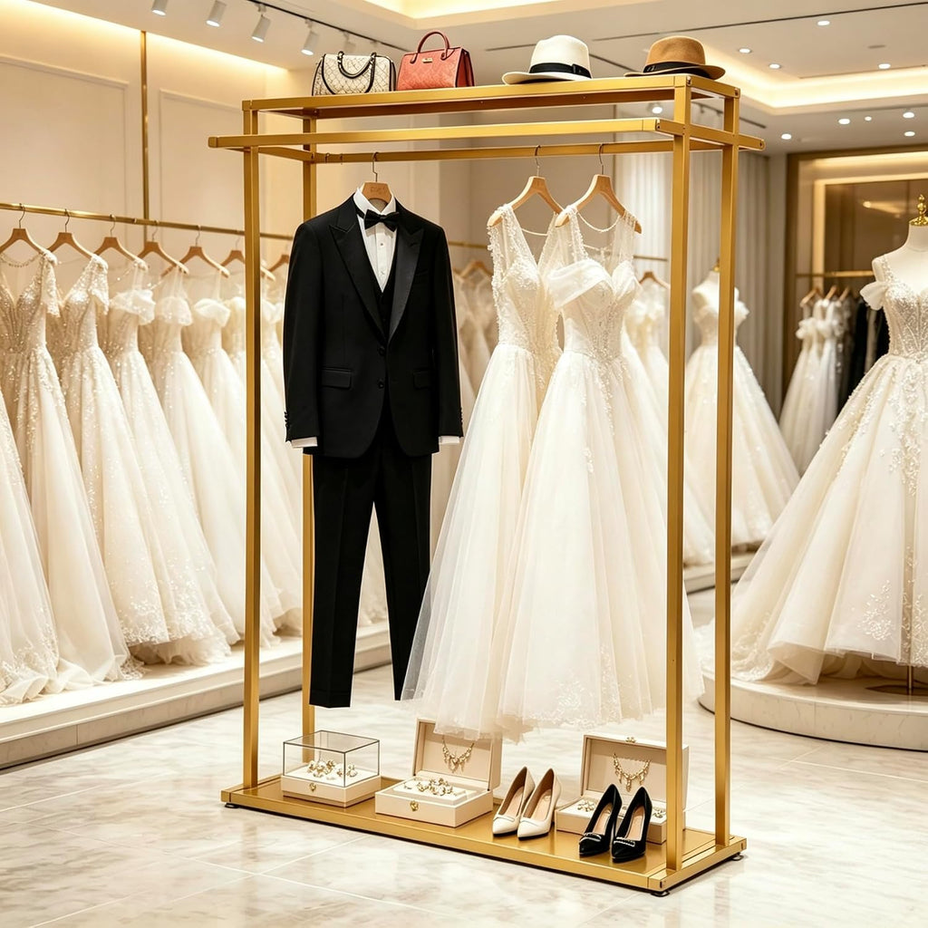 Double Rod Gold Clothing Garment Rack Dresses Display W/ 2 Shelves | Heavy Duty Boutiques Retail Display Stand Wedding Dress Racks for Hanging Long Dresses, Shoes Bags Clothes Organize