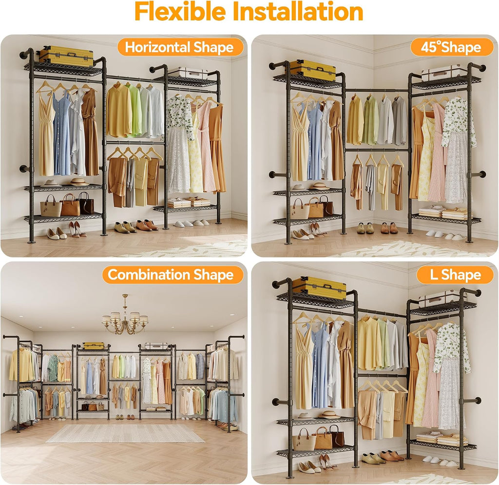 Higeego W3 Industrial Pipe Clothing Rack, Wall Mounted Clothes Rack Closet Wardrobe System with Expandable Hanger Rods Adjustable Storage Shelves, Heavy Duty Corner Walk-in Closet System, Black