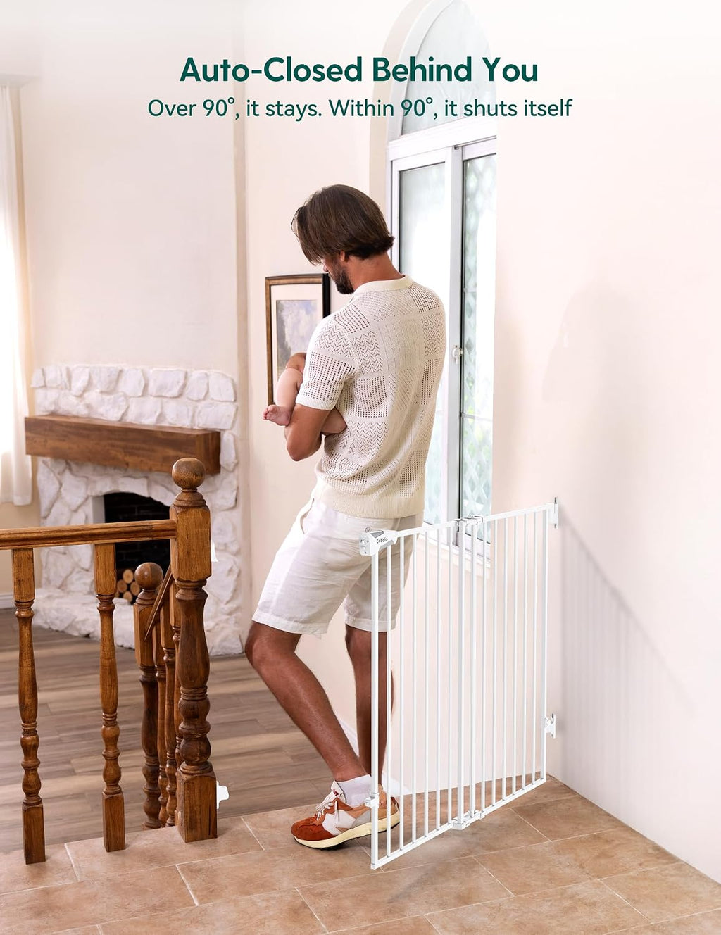 Babelio Baby Gate for Stairs, Kitchen & Doorways, No Bottom Bar| Easy Installation| One-Handed Operation| Auto-Close| Hardware Mount (Drill Needed) Safety Dog Gate (White - 2 Pcs, 26-43' W, 28' H)