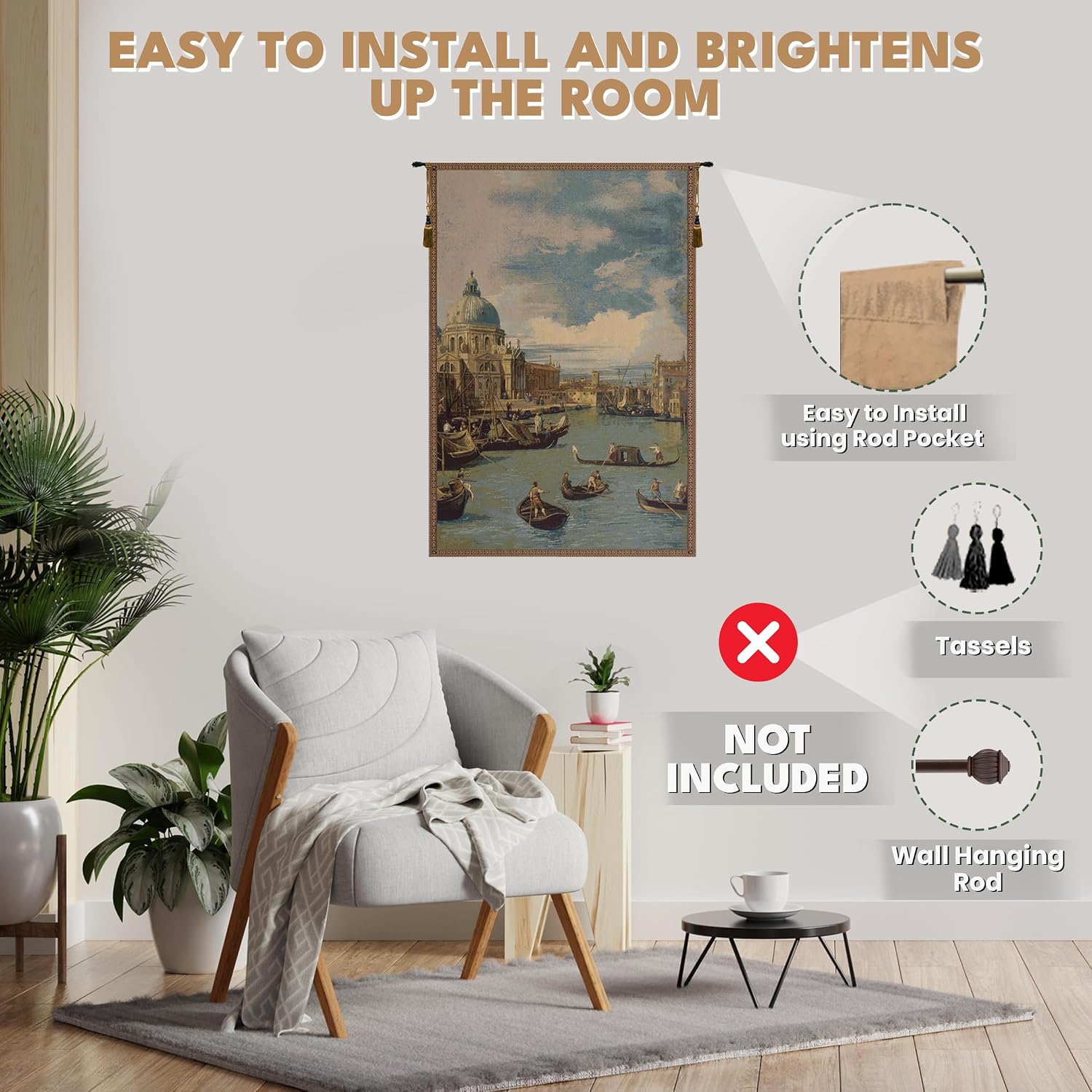 Charlotte Home Furnishings Inc. Saint Mary Of Health And The Grand Canal Vertical Italian Tapestry Wall Hanging 34 X 24 Inch Viscose Cotton & Polyester Blend Wall Art Perfect Wall Decor