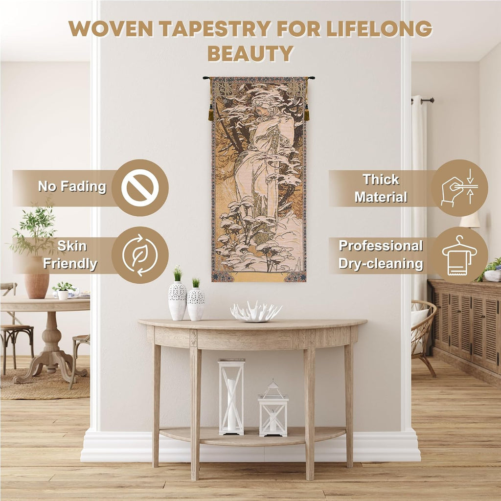 Charlotte Home Furnishings Inc - Mucha Winter Belgian Premium Tapestry Wall Hanging |58x27 in Viscose Polyester Blend Boho Vintage Woven Wall Tapestry for Home & Wall Art by Alphonse Mucha