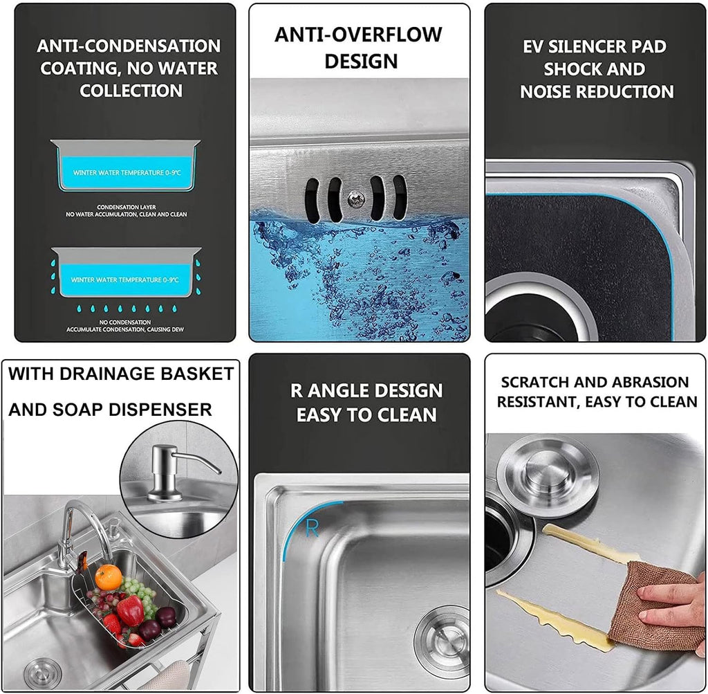 Utility Sink Free Standing Commercial Kitchen Stainless Steel Sink 1 Compartment Workbench Sink with Hot Cold Water Pipes Tap Anti-Overflow for Outdoor Garage Utility Room Laundry