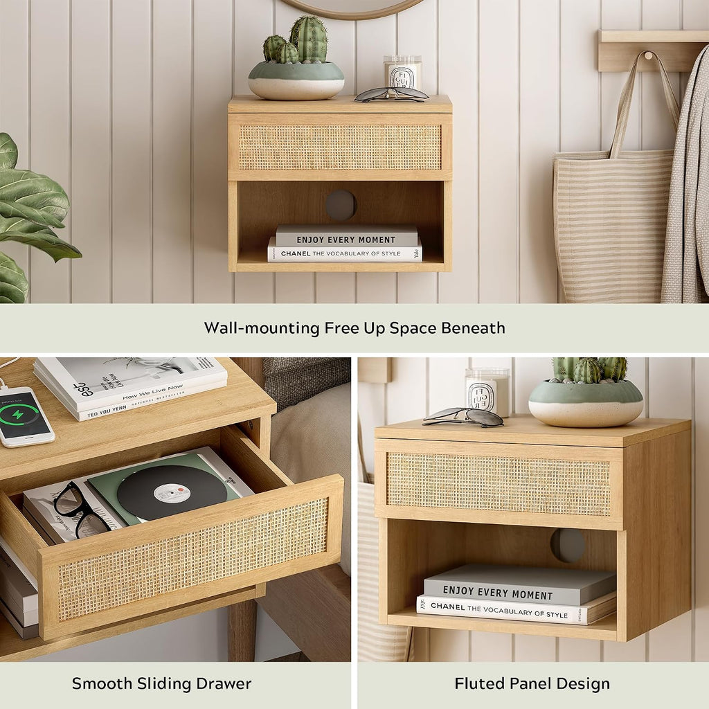 EYYTHUNG Small Rattan Floating Nightstands with Drawer Set of 4, Wall Mounted TV Stands with Open Compartment Modern Night Stand Wooden Bedside Table Storage Cabinet for Bedroom, Entryway Natural Oak