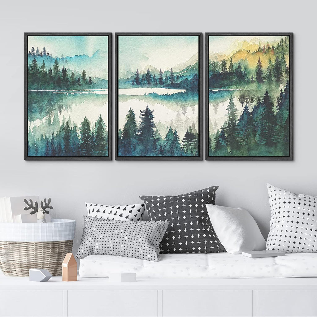 MUDECOR Framed Canvas Print Wall Art Set Watercolor Teal Emerald Green Mountain Range Forest Nature Wilderness Illustrations Modern Art Floral Cozy for Living Room, Bedroom, Office - 24'x36'x3 Black