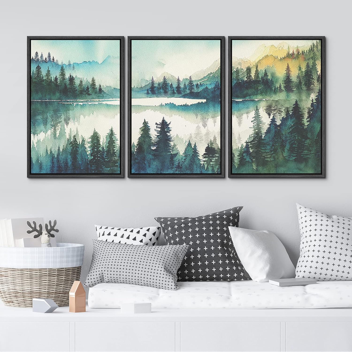 MUDECOR Framed Canvas Print Wall Art Set Watercolor Teal Emerald Green Mountain Range Forest Nature Wilderness Illustrations Modern Art Floral Cozy for Living Room, Bedroom, Office - 24'x36'x3 Black