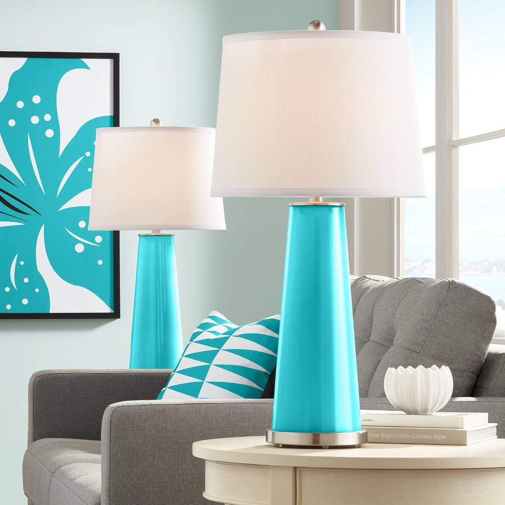 Color + Plus Leo 29 1/2' Tall Modern Coastal End Table Lamps Set of 2 Surfer Blue Finish Glass Fabric White Shade Living Room Bedroom Bedside Nightstand House Office Home Reading Kitchen Entryway