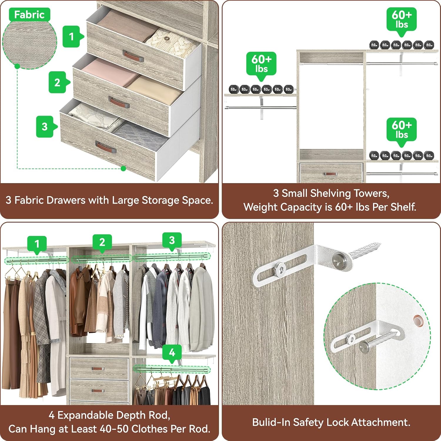 Armocity 5FT Small Closet System with 3 Fabric Drawers, 60'' Walk In Closet Organizer System With 3 Adjustable Shelves, Heavy Duty Clothes Rack Built-In Garment Rack, 59' L x 16' W x 71'H, White Oak