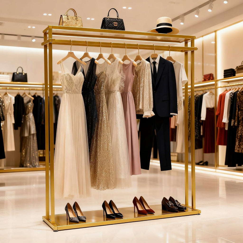 Double Rod Gold Clothing Garment Rack Dresses Display W/ 2 Shelves | Heavy Duty Boutiques Retail Display Stand Wedding Dress Racks for Hanging Long Dresses, Shoes Bags Clothes Organize
