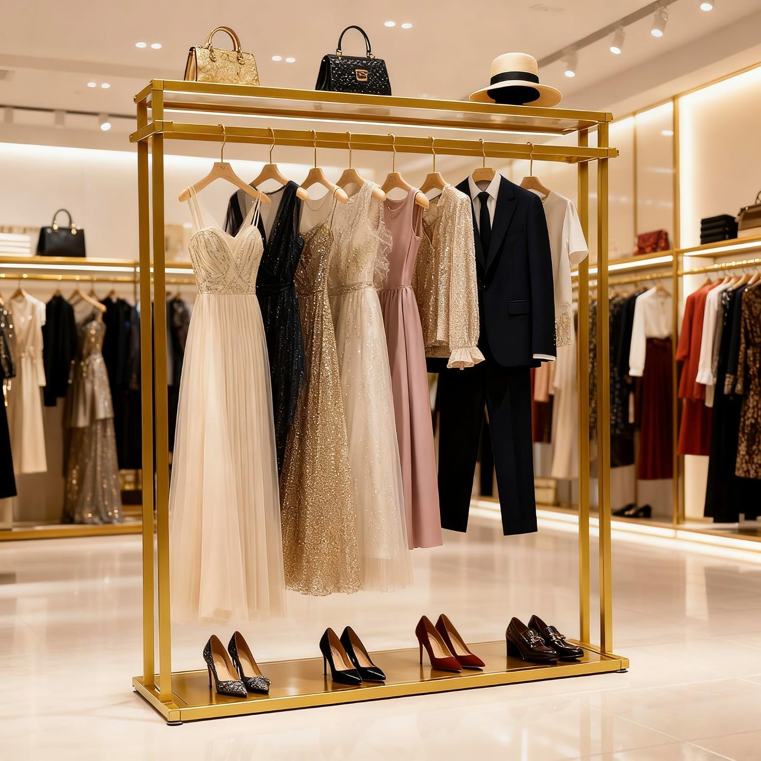 Double Rod Gold Clothing Garment Rack Dresses Display W/ 2 Shelves | Heavy Duty Boutiques Retail Display Stand Wedding Dress Racks for Hanging Long Dresses, Shoes Bags Clothes Organize