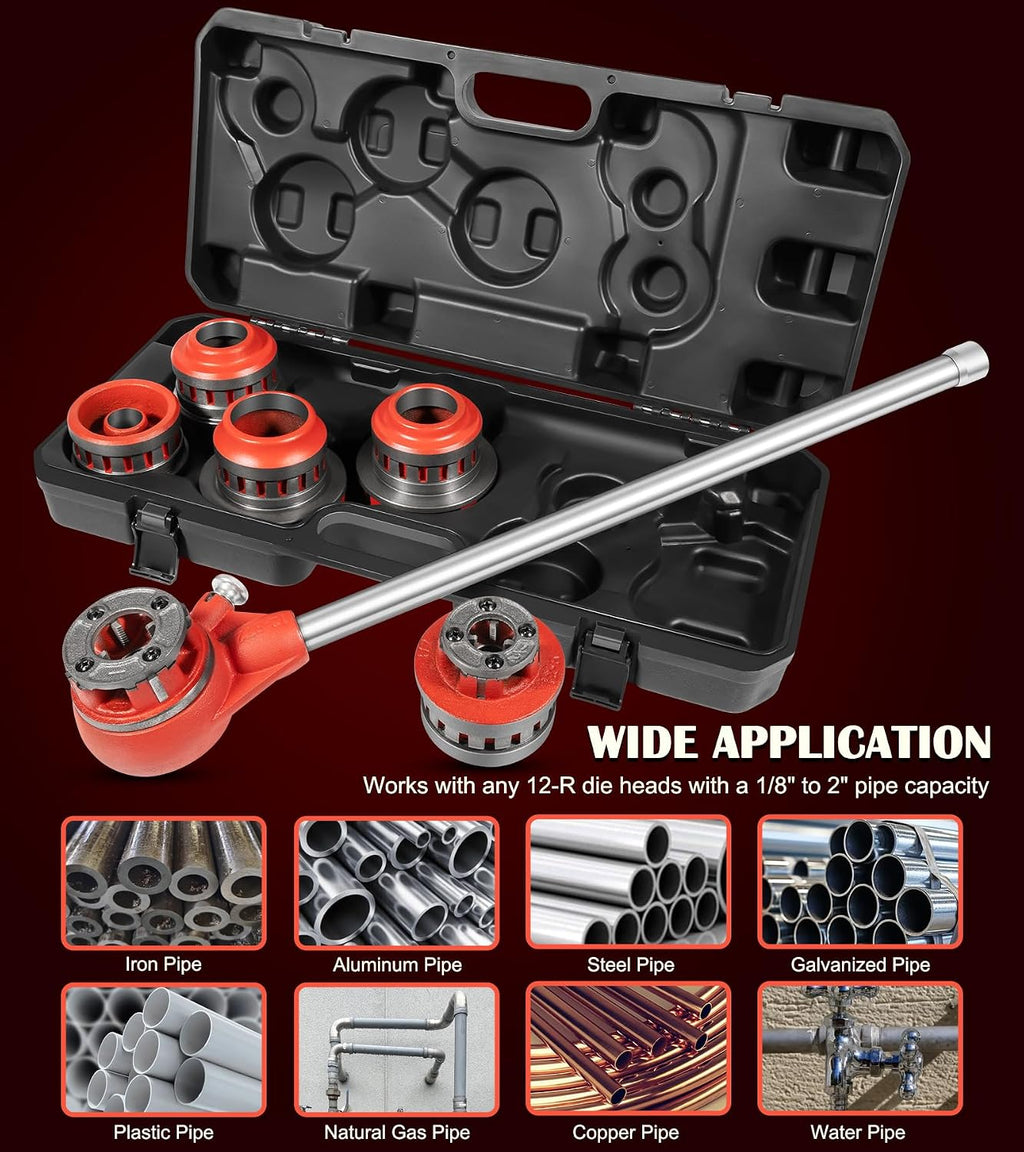 36475 12-R Manual Exposed Ratchet Pipe Threader Set with 6 NPT Die Heads, 1/2' - 2' NPT Portable Ratcheting Pipe Threading Tool Kit with Storage Case for 1/8' to 2' Plumbing Installation and Repair