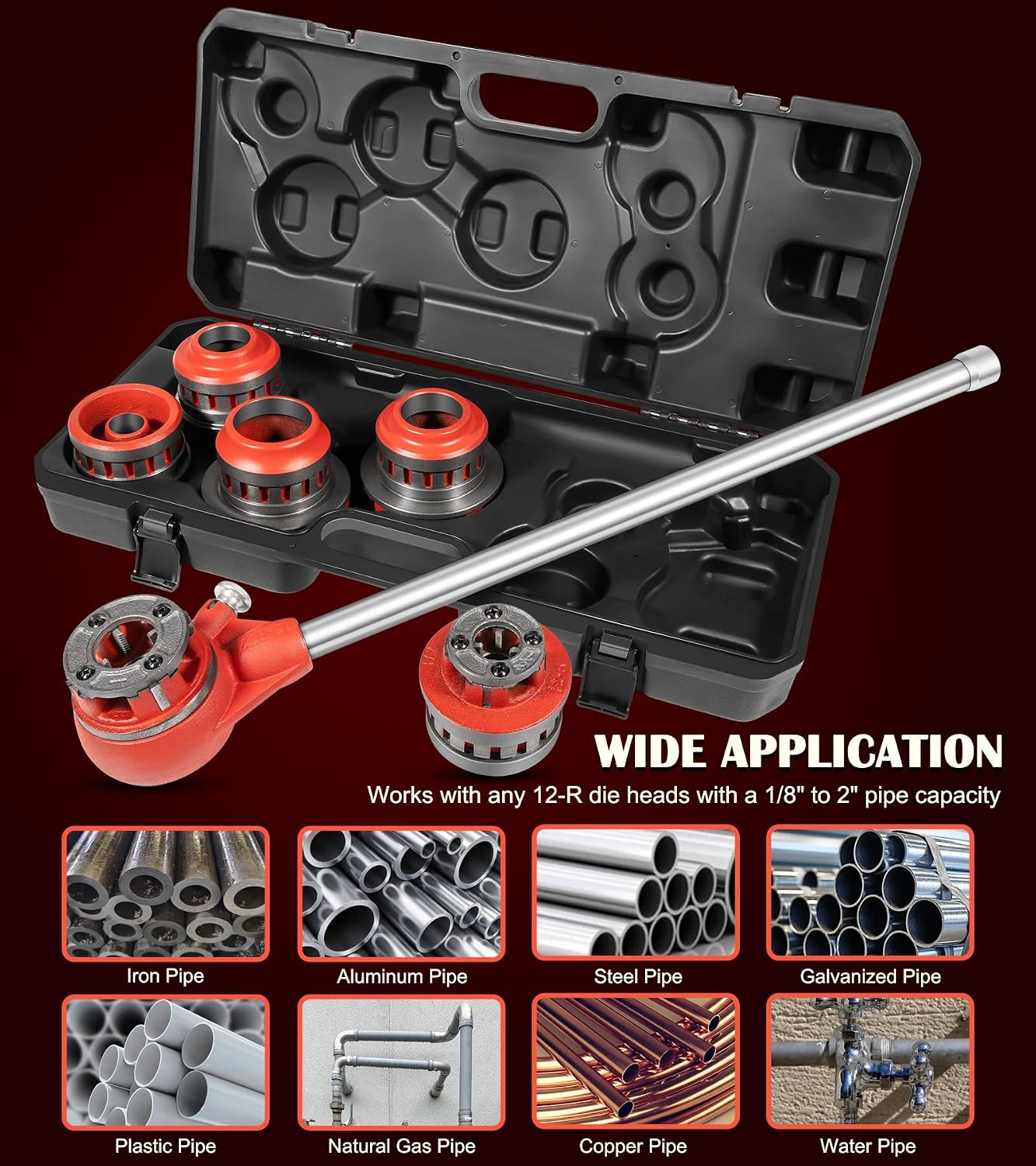 36475 12-R Manual Exposed Ratchet Pipe Threader Set with 6 NPT Die Heads, 1/2' - 2' NPT Portable Ratcheting Pipe Threading Tool Kit with Storage Case for 1/8' to 2' Plumbing Installation and Repair