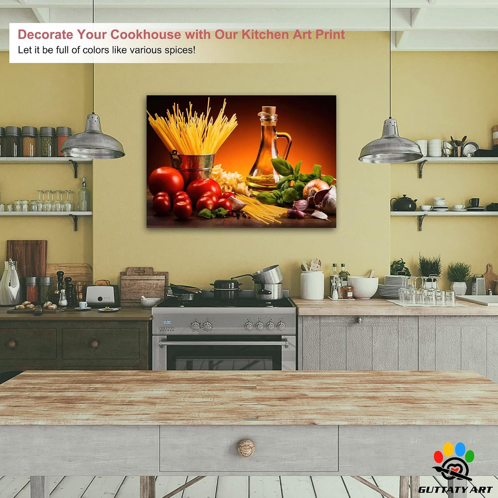 Kitchen Wall Decor Canvas Art, Colorful Ingredient Vegetable and Fruit Canvas Print for Dining Room Decor, Vintage Condiment Picture Kitchen Framed Painting for Restaurant Decor (28x40 Inches)