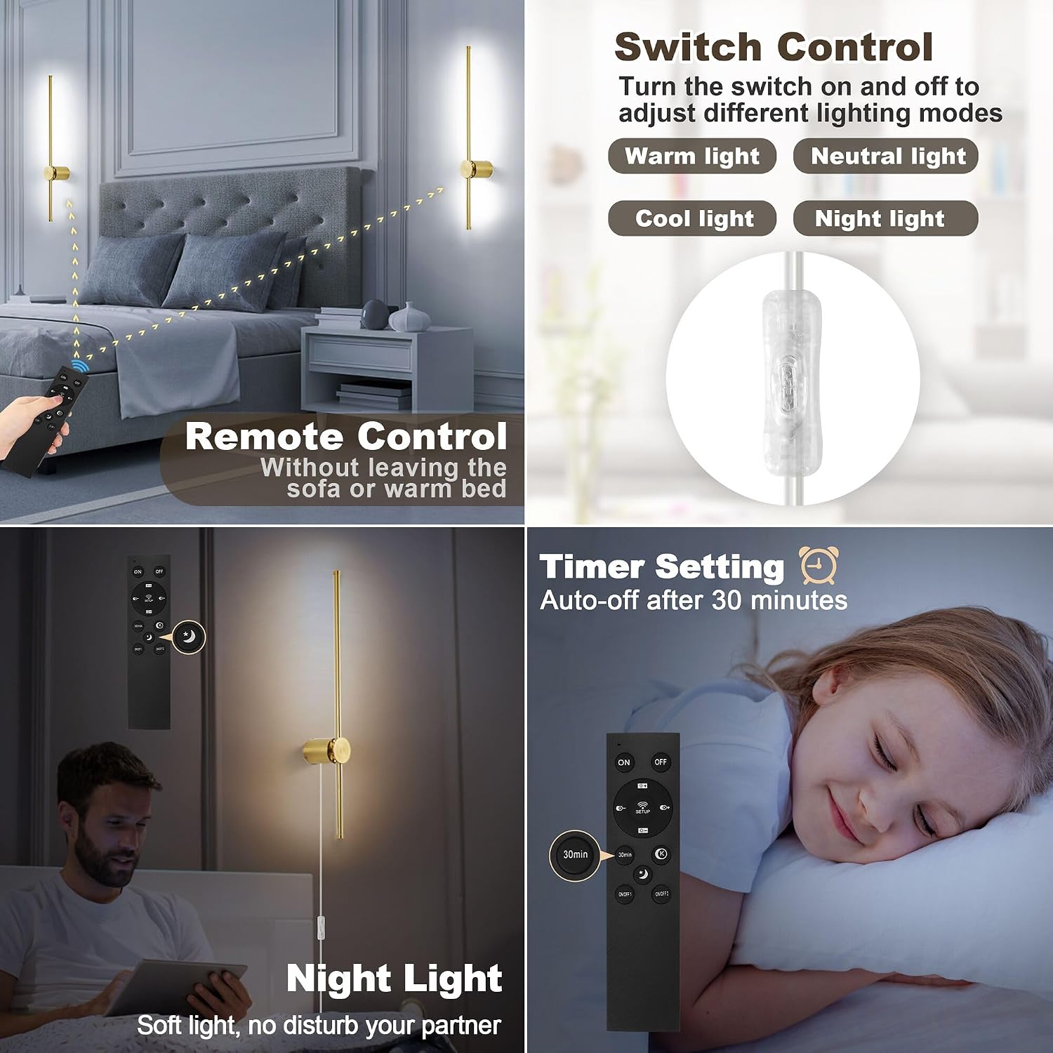 GOODATE Wall Sconces Set of Two with Remote, Stepless Colors 3000K-6500K & Stepless Dimming, Hardwire or Plug-in, 180° Rotate, LED Gold Plug in Wall Sconces with Timer & Night Light, 39.4 Inches