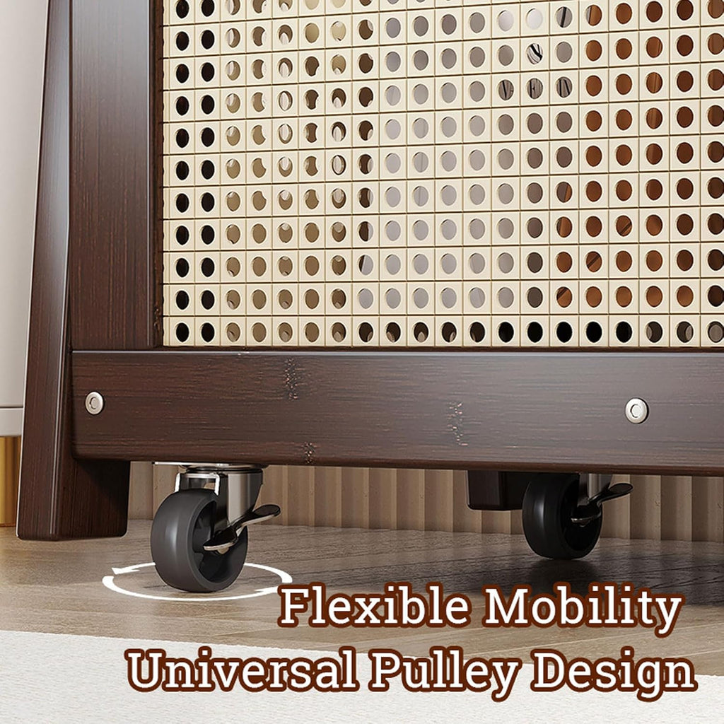 Free Standing Coat Stand with Hanging Rod, Bamboo Clothes Rail Stand with Large Capacity Rattan Storage Basket, Mobile Garment Rack with Wheels, for Bedroom Hallway