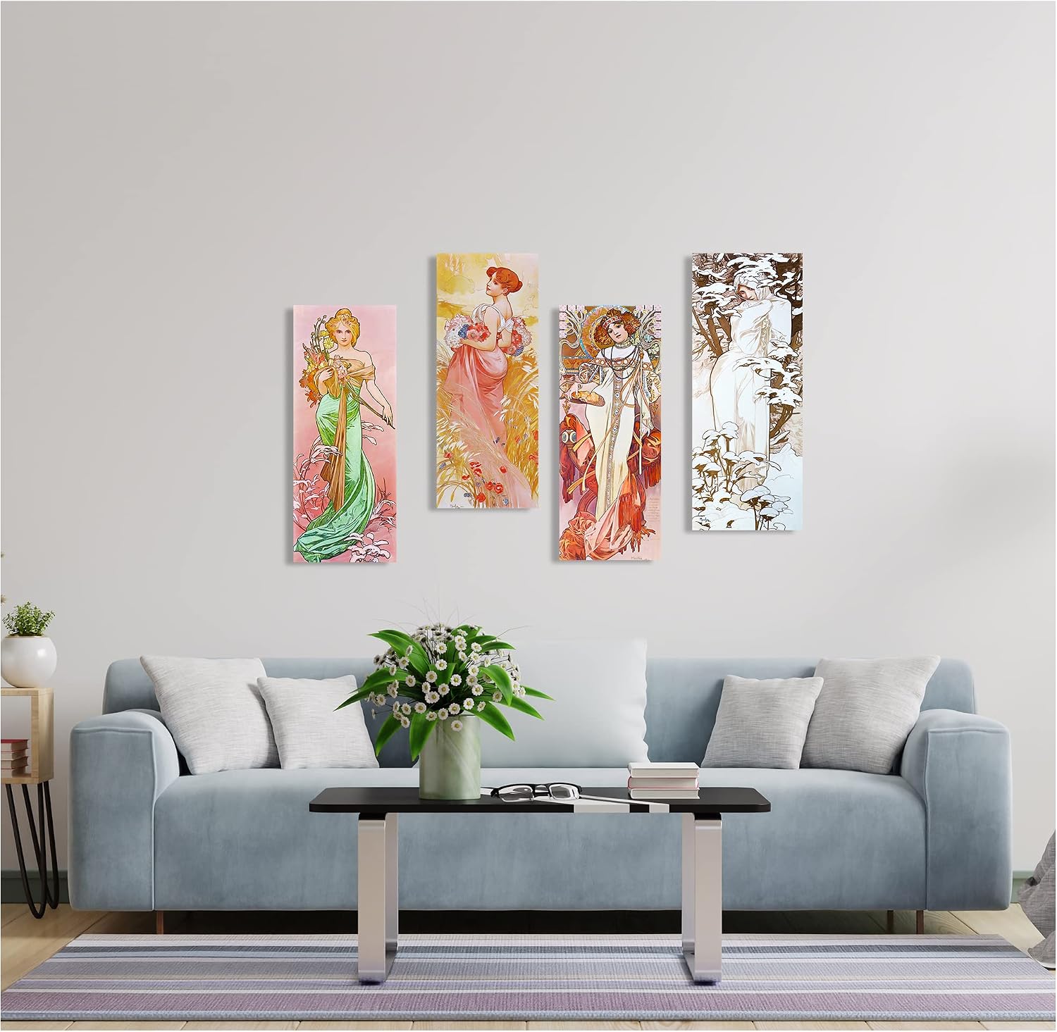 A&T ARTWORK The Seasons 1900 Spring Summer Autumn Winter by Alphonse Mucha 4 Panel wall art for Home Office Decorations Giclee Print On Canvas 30x12inch x4pcs (30x48inch)