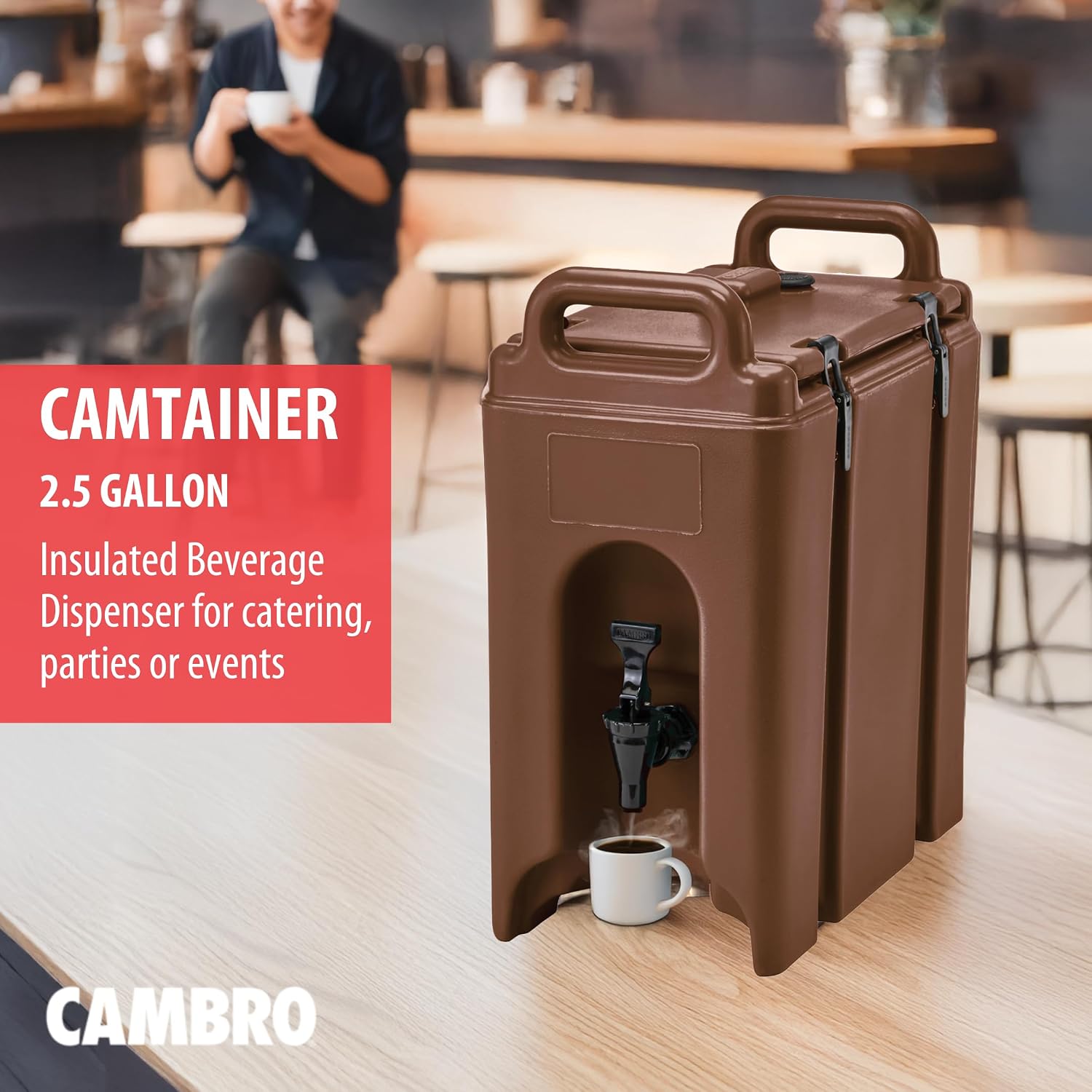 Cambro Camtainer 2.5 Gallon Insulated Beverage Dispenser for Coffee, and Hot or Cold drinks - dispenser for catering, party, or events (Brown)