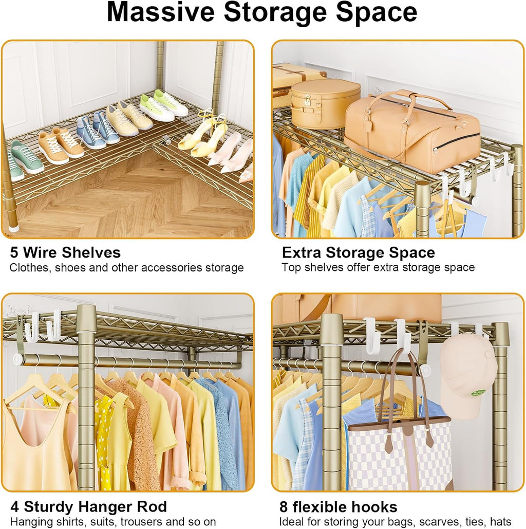 ULIFHOME E15 Pro Garment Rack L Shaped Clothes Rack for Corner，Freestanding Clothing Racks for Hanging Clothes，Heavy Duty Closet System with 4 Hanging Rods & 8 S Hooks，48.8'W x 15.8'D x 78.4'H，Gold