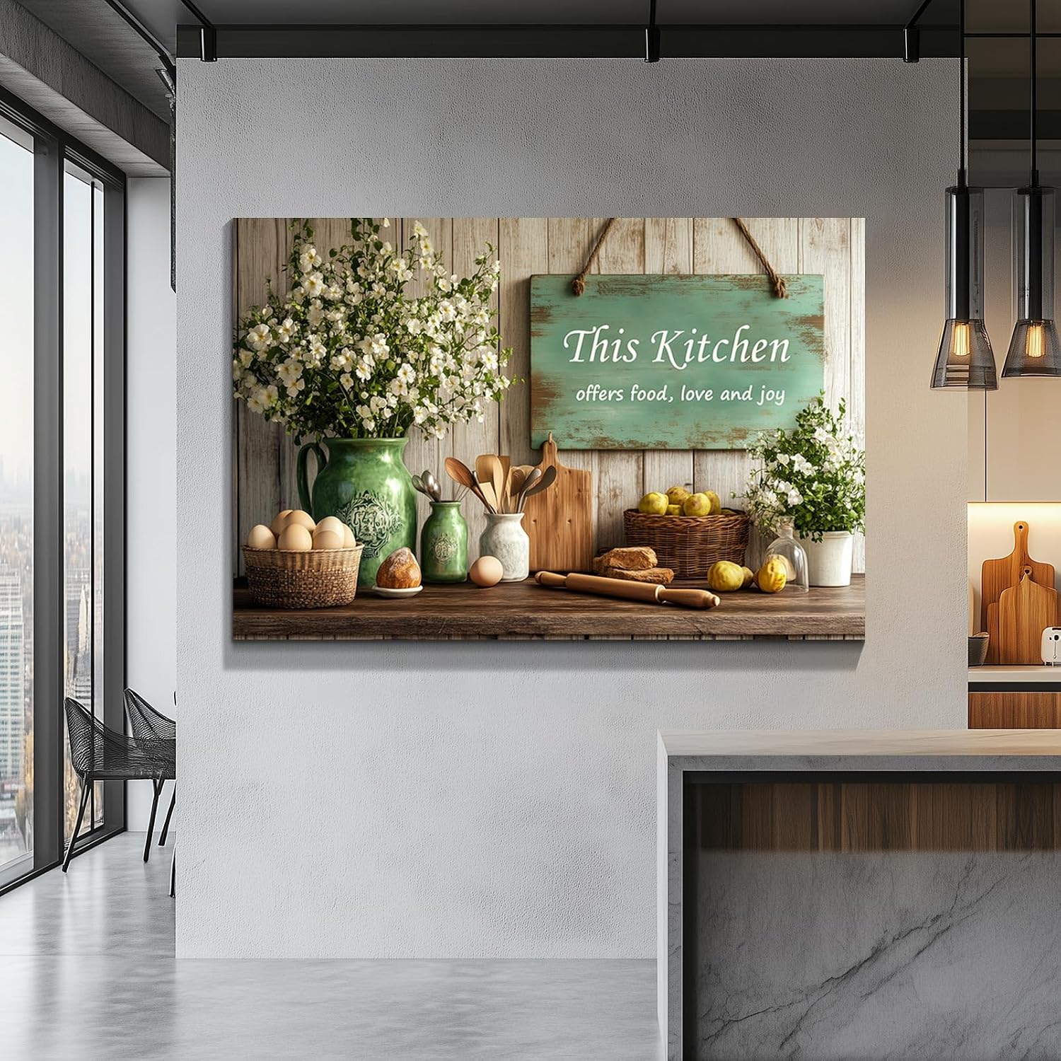 Wewejia - Rustic Kitchen Canvas Wall Art 46x36 Inch, Vintage Farmhouse This Kitchen Serves Food Love and Joy Painting Pictures Food Still Life Landscape Poster Living Room Dining Room Home Decor