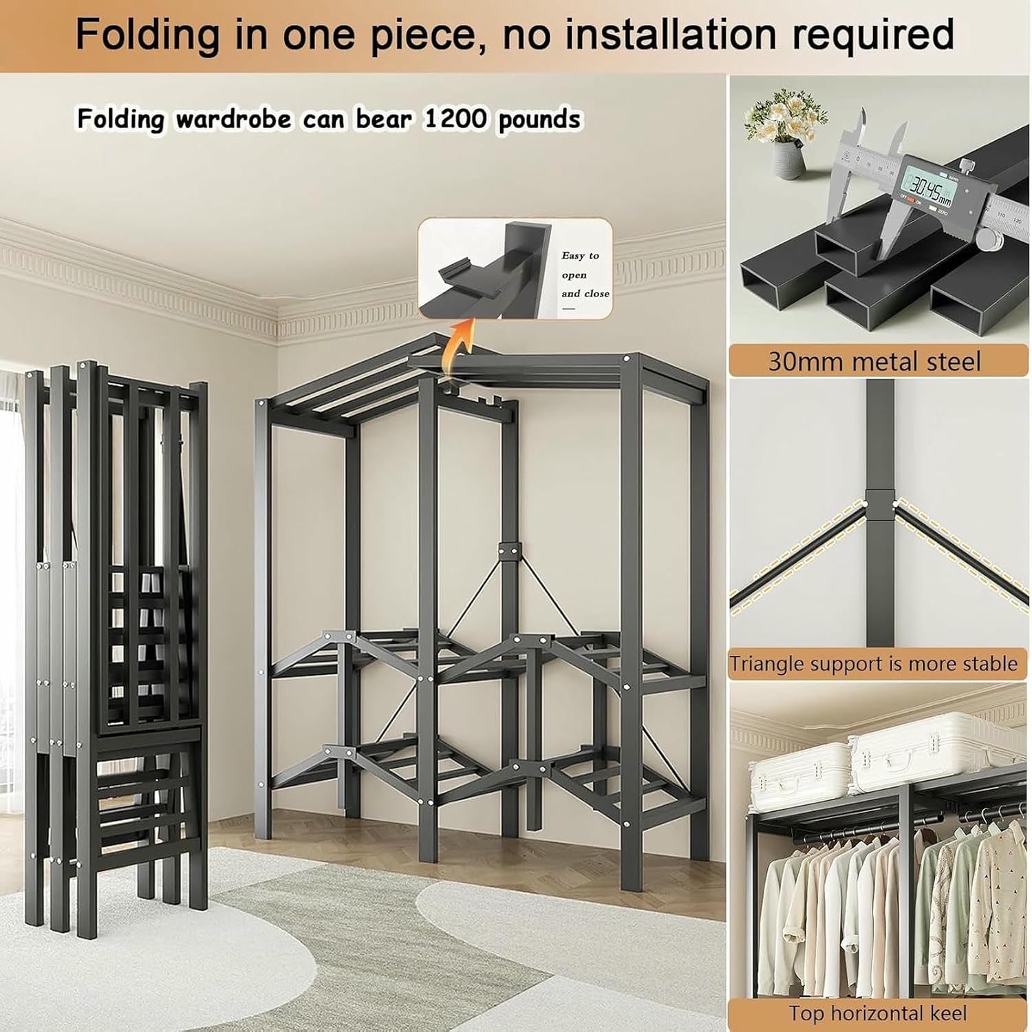 Metal Wardrobe Rack - Heavy Duty Foldable Wardrobe Closet with Cover 1200lbs Garment Rack for Hanging Clothes Covered Clothing Coat Storage Organizer