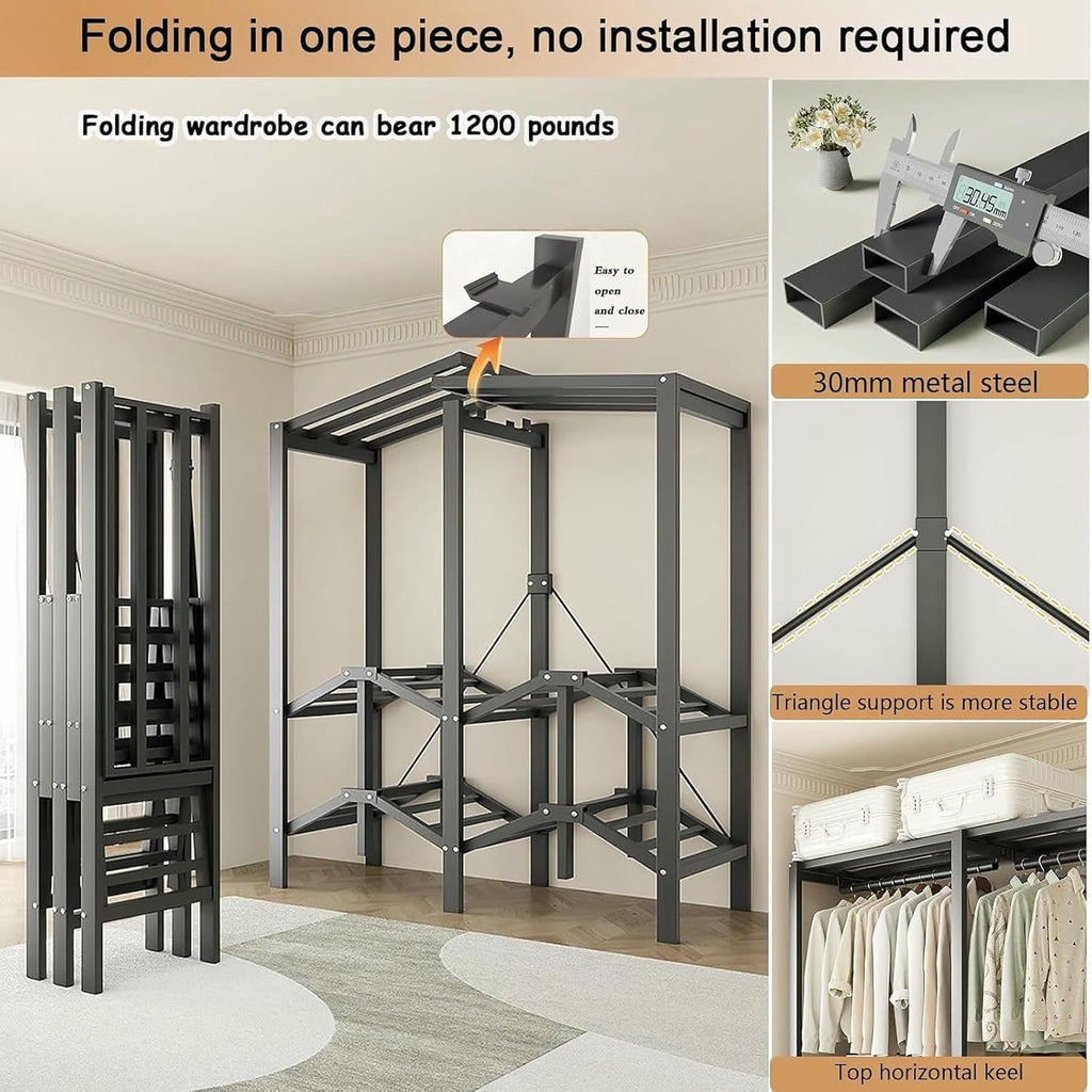 Metal Wardrobe Rack - Heavy Duty Foldable Wardrobe Closet with Cover 1200lbs Garment Rack for Hanging Clothes Covered Clothing Coat Storage Organizer