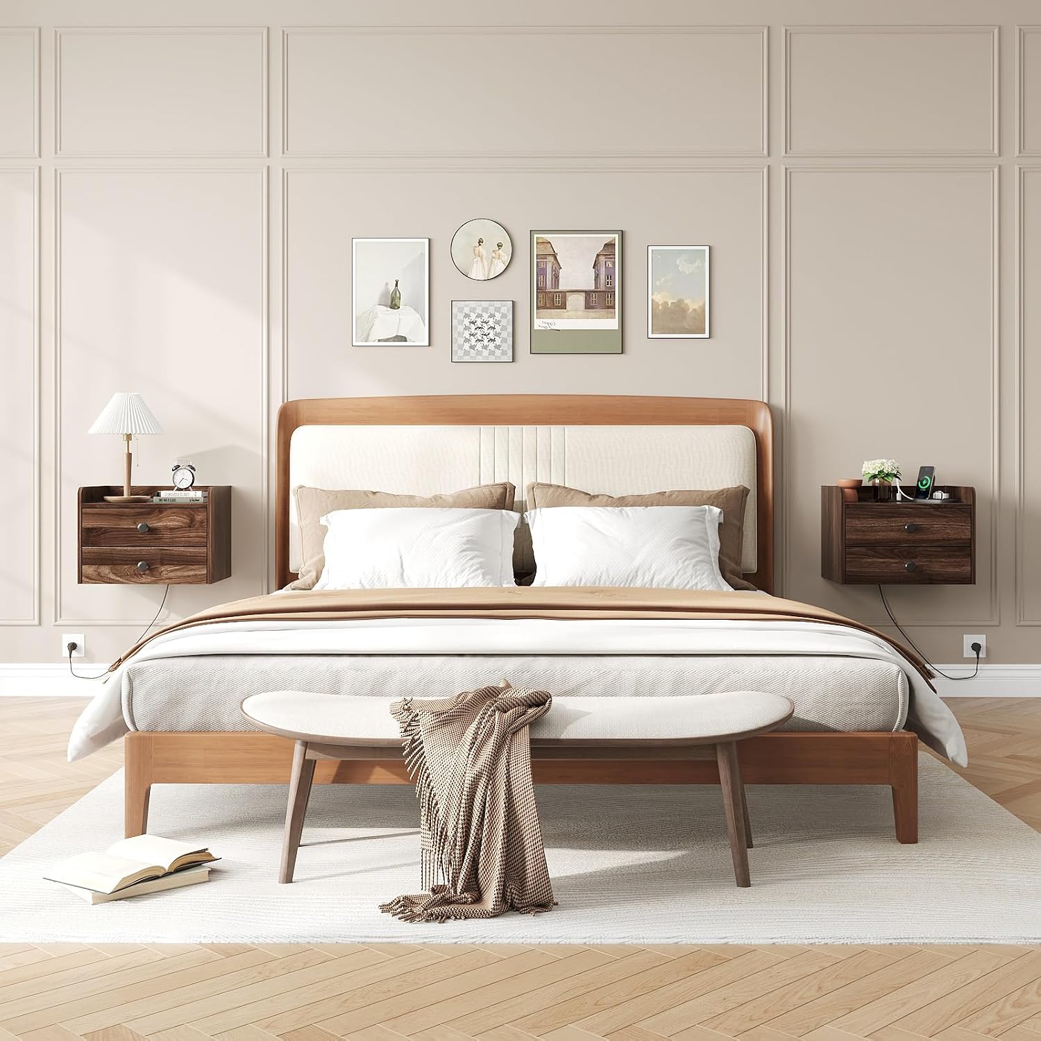 Floating Nightstand Set of 2 with 2 Storage Drawers and Charging Station Wood Wall Mounted Bedside End Table Modern Night Stands Set 2 for Bedroom,Small Space,Brown Walnut