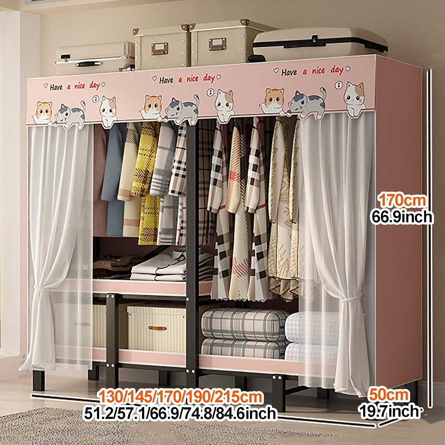 Foldable Wardrobe Closets For Hanging Clothes, Heavy Duty Garment Rack With Cover, Freestanding Covered Metal Clothes Rack, Organizer Enclosed Covered Armoires(Blue,170x50x170cm)