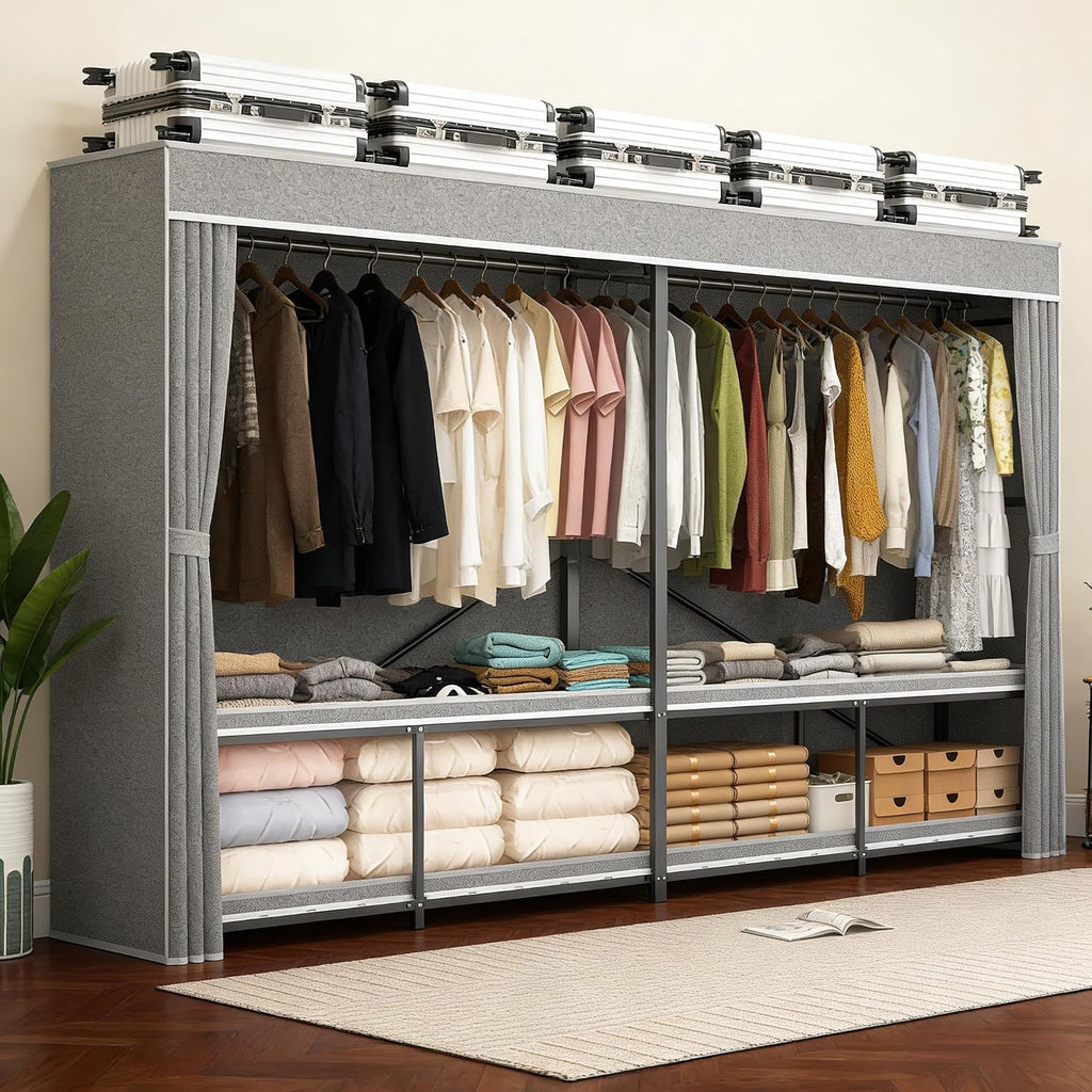 Foldable Heavy Duty Portable Closet with Cover, Freestanding Storage Garment Rack for Bedroom, Clothes Rack for Hanging Clothes Armoire Wardrobe Closet System, 70.9x70.9x20.5 Inch,Black Grey