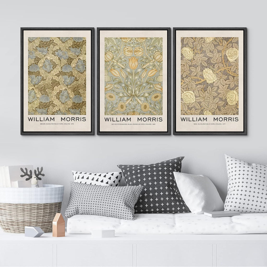 MUDECOR Framed Canvas Print Wall Art Set William Morris Floral Tapestry Pattern Nature Wilderness Wilderness Illustration Modern Art Decorative Realism Rustic Vintage for Bedroom - 24'x36'x3 Black