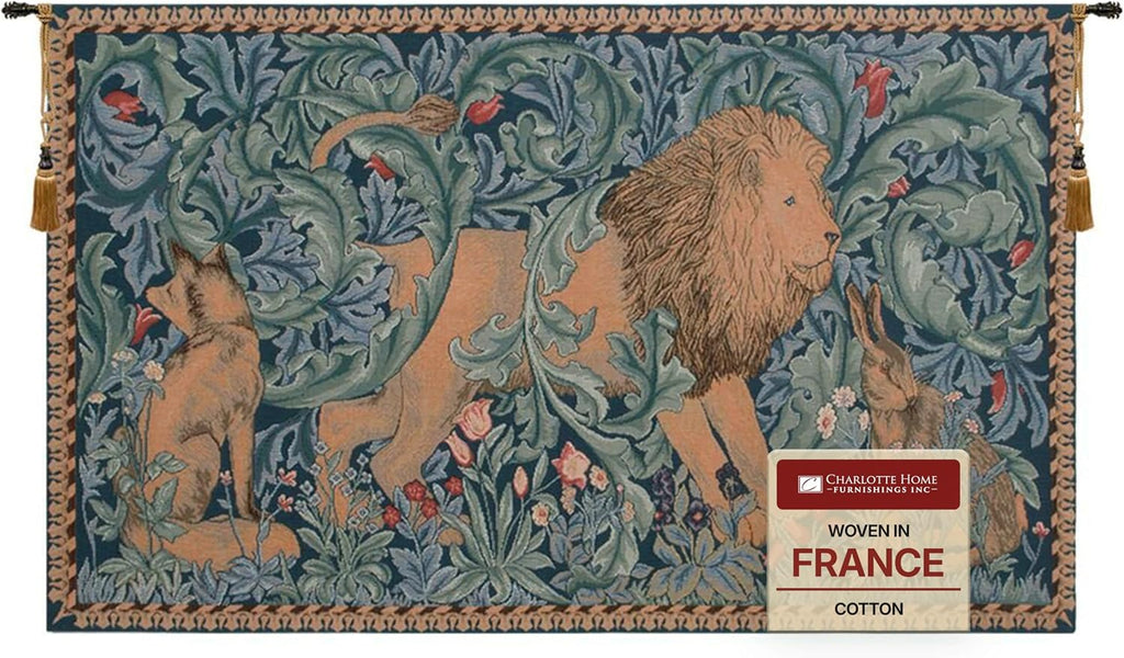 Charlotte Home Furnishings Inc French Boho Tapestry Wall Hanging 19 x 33 in, Lion Aesthetic Woven Wall Art decor for Living Room Home Decor, European Cotton Jacquard Woven