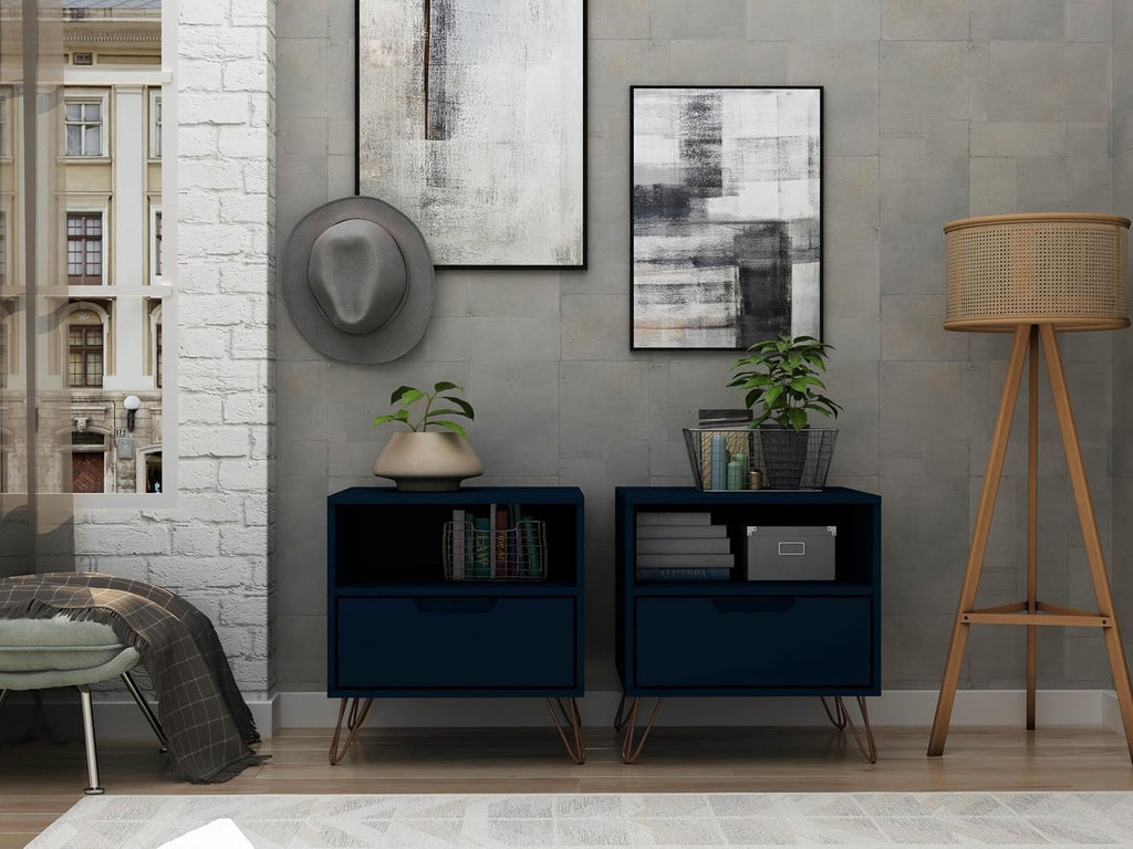 Manhattan Comfort Rockefeller Nightstands Set of 2 with Drawer and Cubby, Ideal for Bedroom and Living Room, Bedside Table with Mid Century Modern Design, Functional Storage Organizer, Blue