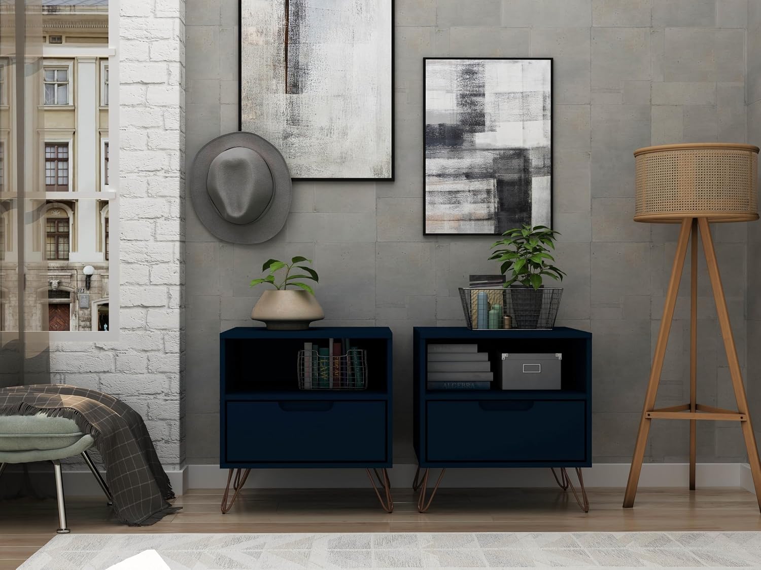 Manhattan Comfort Rockefeller Nightstands Set of 2 with Drawer and Cubby, Ideal for Bedroom and Living Room, Bedside Table with Mid Century Modern Design, Functional Storage Organizer, Blue